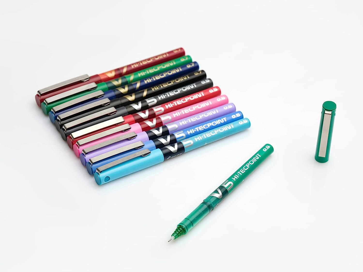 Pilot V5 Hi-Tecpoint Rollerball Pen - Fine 0.5mm Nib - 1 of Each Color - Pack of 7
