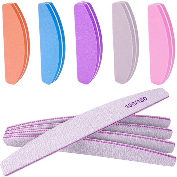 Nail files (10 pieces), double-sided 100/180 grit, suitable for acrylic and natural nails, nail diamond board polishing block nail trimming set, nail care kit tool half moon arc