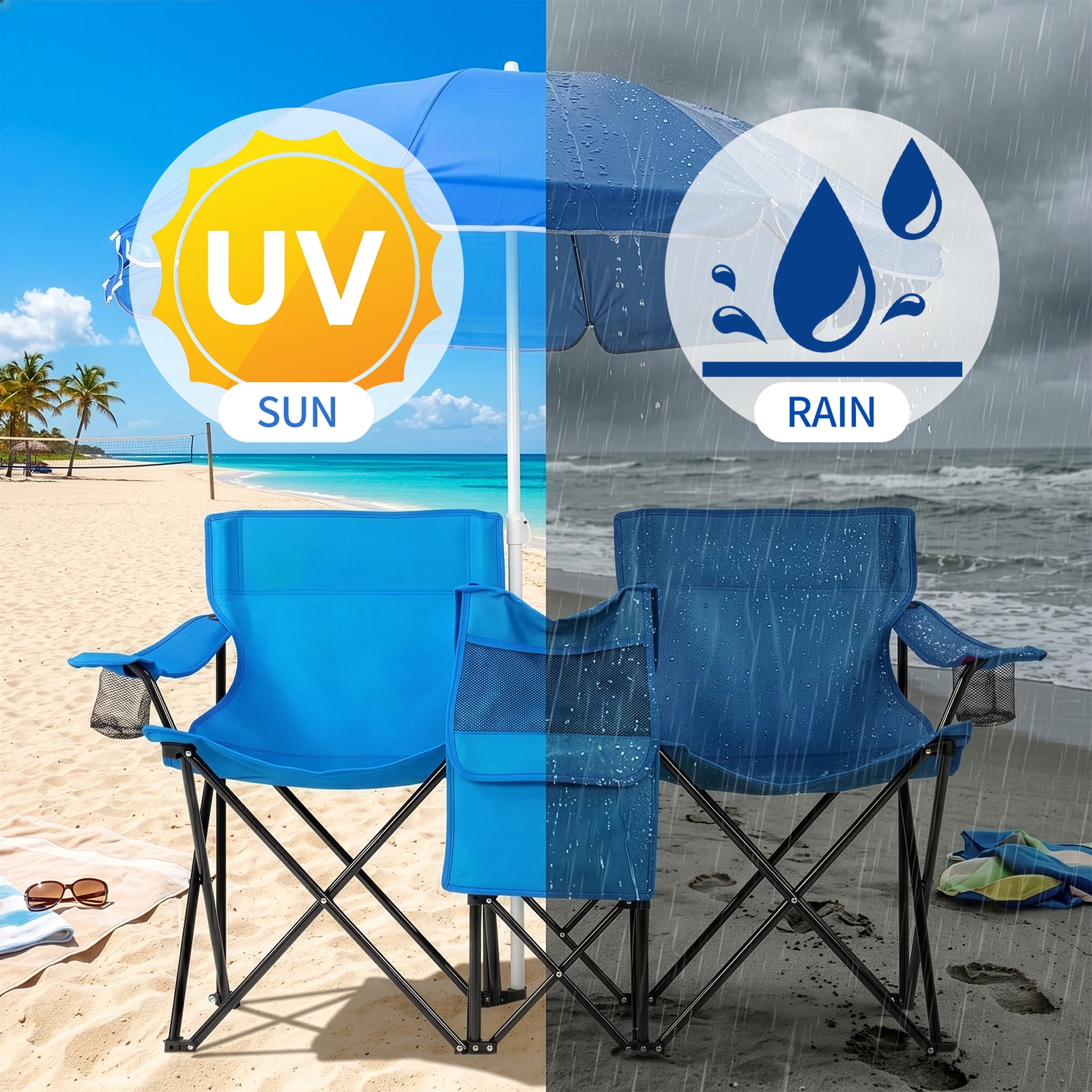 Double Fishing Chair with Detachable Sun Umbrella & Insulated Cooler Bag, 2 Person XL Folding Lounge Chair, Waterproof Oxford Cloth for Fishing Camping Beach Patio