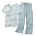 thumbnail image 1 of Besolor Ensembles de Pyjama pour Femmes Décontractés à Rayures, T-Shirts à Manches Courtes à Col Ras du Cou et Pantalons Capri, Tenue 2 Pcs, Vêtements de Nuit, Pyjamas, 1 of 7