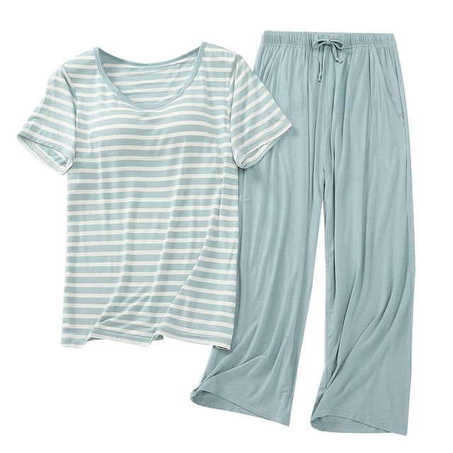 Besolor Ensembles de Pyjama pour Femmes Décontractés à Rayures, T-Shirts à Manches Courtes à Col Ras du Cou et Pantalons Capri, Tenue 2 Pcs, Vêtements de Nuit, Pyjamas