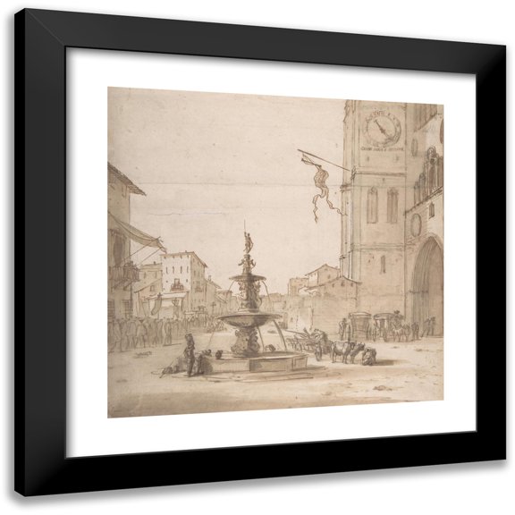 Willem Schellinks 12x12 Black Modern Framed Museum Art Print Titled - A View of the Piazza Del Duomo, Messina, with the Fountain of Orion, the Cathedral to the Right (Late 17th Century)