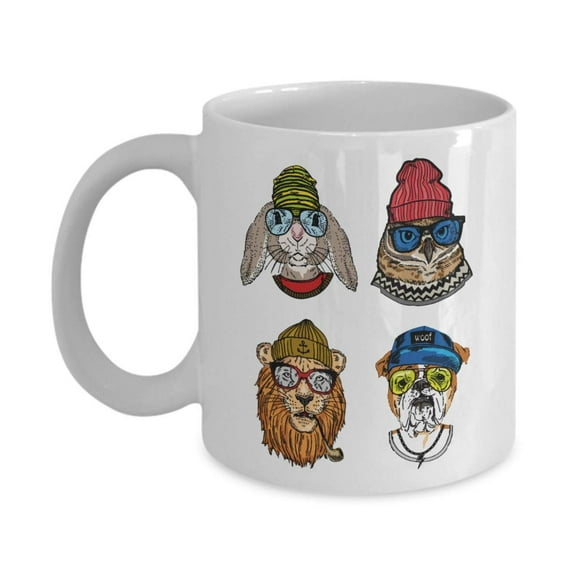 Cool Hipster Rabbit, Owl, Lion & Bulldog Graphic Hippie Animals Print Coffee & Tea Gift Mug, Kitchen Stuff, Bedroom Room Décor, Accessories, Party Supplies, And Items For Animal Lover Hipsters