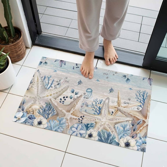 Coastal Marine Life Indoor Door Mat 18x30 Inch Beige Starfish Blue Leaves Wood Grain Front Door Mat Non Slip Washable Entryway Rug Low Profile Dirt Trapper Doormat for Bathroom Kitchen Bedroom