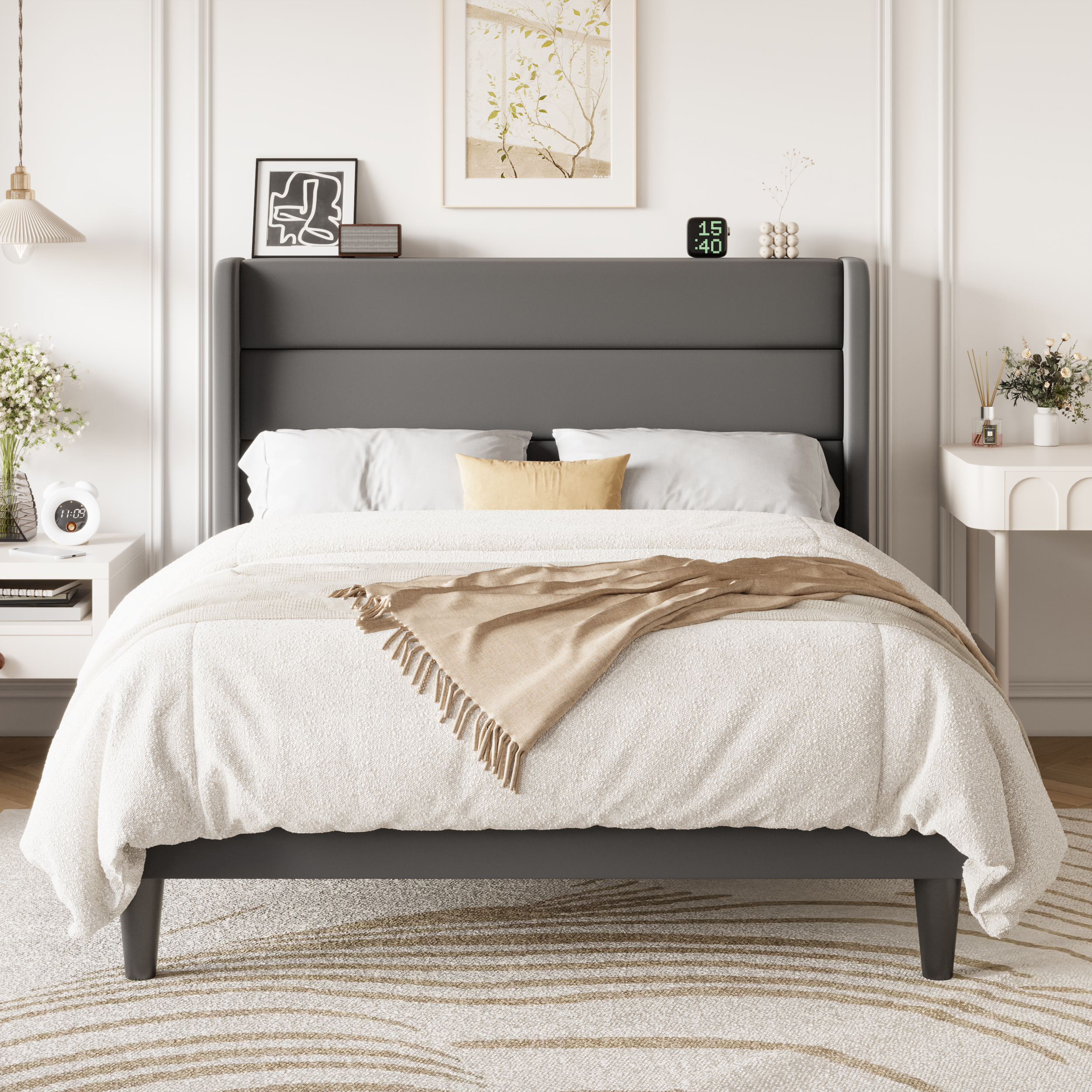 Einfach Queen Size Luxury Velvet Upholstered Platform Bed Frame with Wingback Headboard, Light Grey
