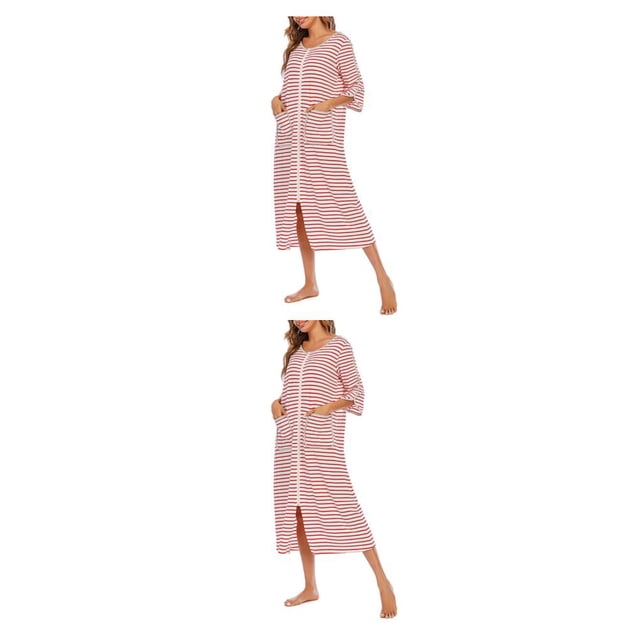 yingyy 1/2/3 Polyester Robe de Nuit Femme Décontractée Col Rond Manches Longues Double Poche Respirante Robe de Maison Vêtement de Nuit Rouge TG 2 Pcs