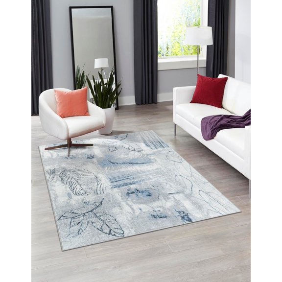 Unique Loom Kamala Washable Collection Area Rug - Foliage (5' 3" x 8' Rectangle Ivory Gray/Blue)