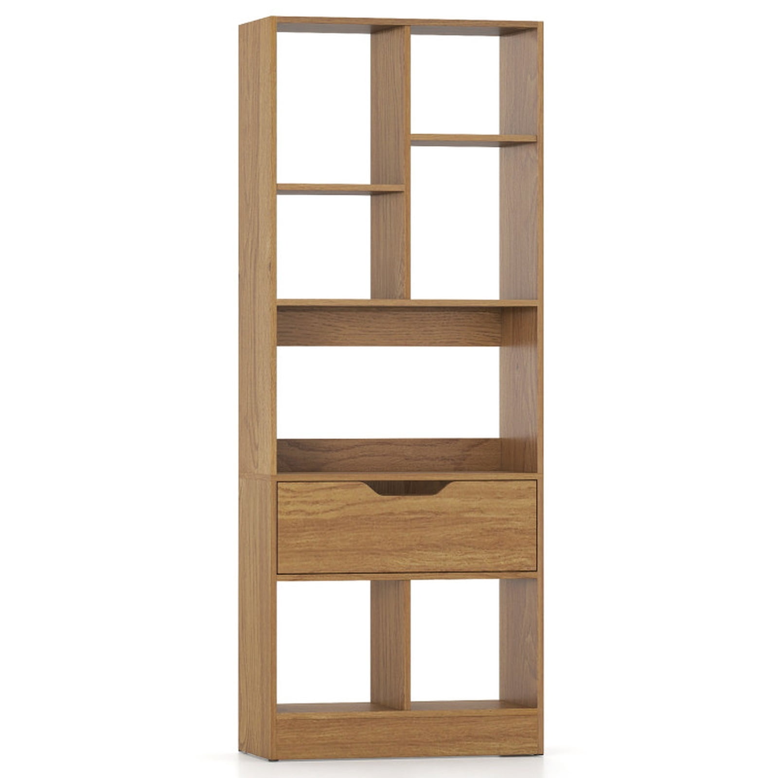 Furnibear 51 Inch Tall Freestanding Bookcase with Drawer and 7 Open Cube Shelves Wood Storage Organizer for Living Room and Study, Natural