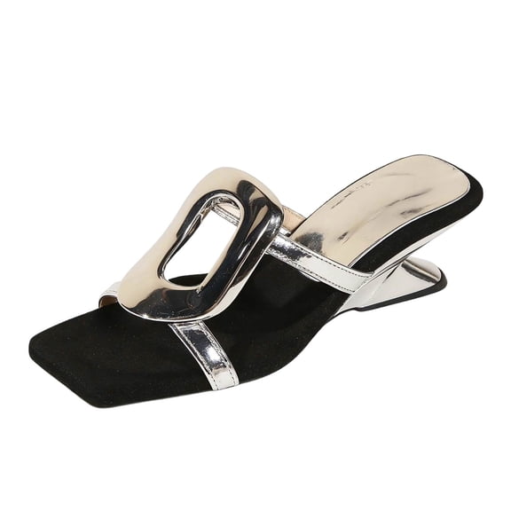 IWRICH Women's Metallic Open Toe Low Kitten Heeled Sandals on Mules Summer Dress Pumps Shoes Silver 9.5
