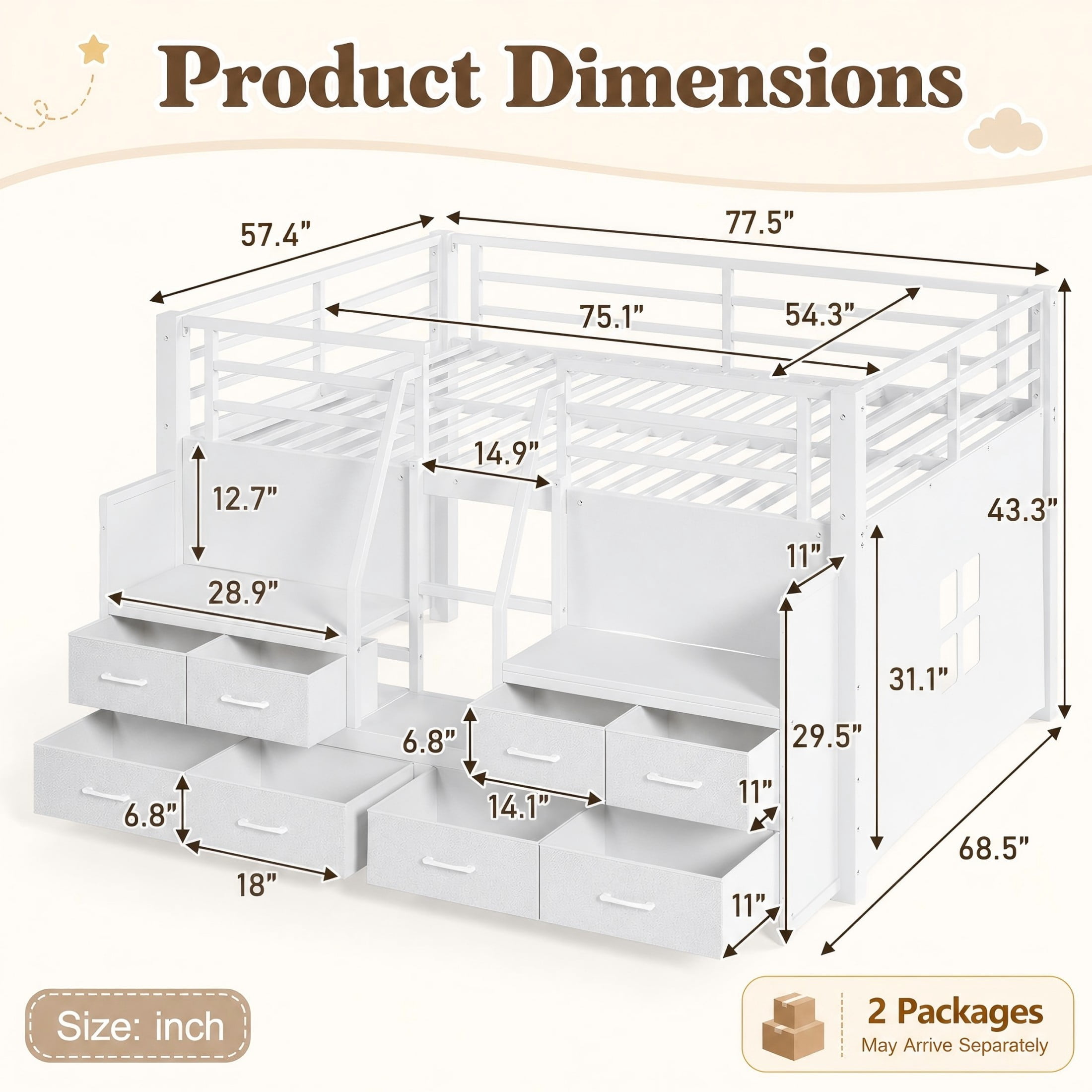 Aukfa Full Size Loft Bed with 8 Storage Drawers, Shelves & LED Lights, Metal Low Loft Bed for Kids Bedroom, White