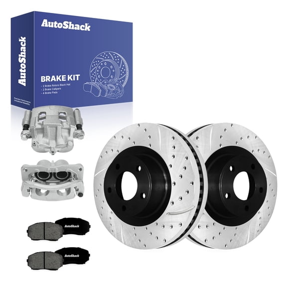 AutoShack Front Vented Drilled & Slotted E-Coated Brake Rotors   Premium Ceramic Pads   Calipers 8-PC Brake Kit Replacement for 2011-2014 Ford Edge 2011-2012 Lincoln MKX ShadowGuard 12.6" (320 mm)