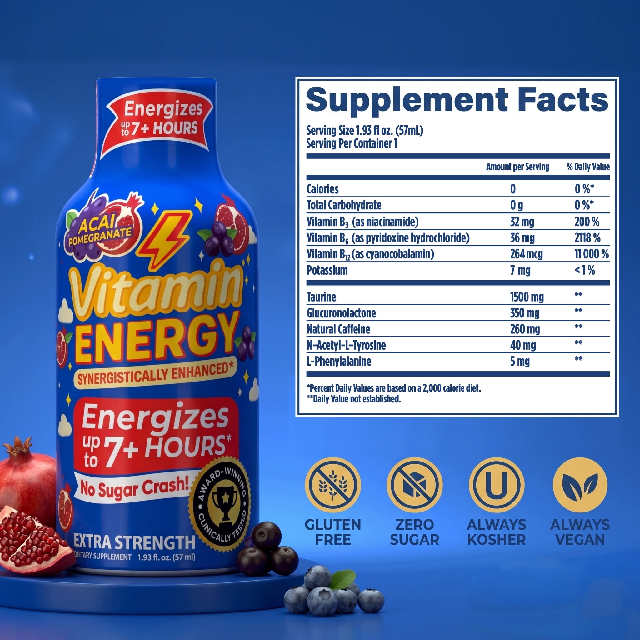 Vitamin Energy Burner+ Extra Strength Shot, Pomegranate Açaí, 24 Pack – 260mg Natural Caffeine, 25mg Ketones & EGCG, Zero Sugar, 1.93 fl oz