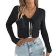 thumbnail image 2 of Women'S Tie Front Long Sleeve Scalloped Crop Cardigan Knit Top Black M, 2 of 9