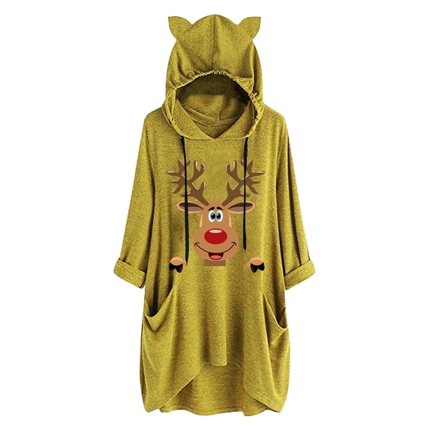 Top de manga larga con cuello redondo y capucha para mujer con estampado navideño y bolsillo suelto para mujer Pompotops FGAJ11206