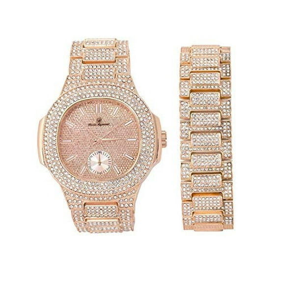 Bling-ed Out Oblong Case Metal Mens Watch w/Matching Bling-ed Out Bracelet Set - 8475B (Rosegold/Rosegold)