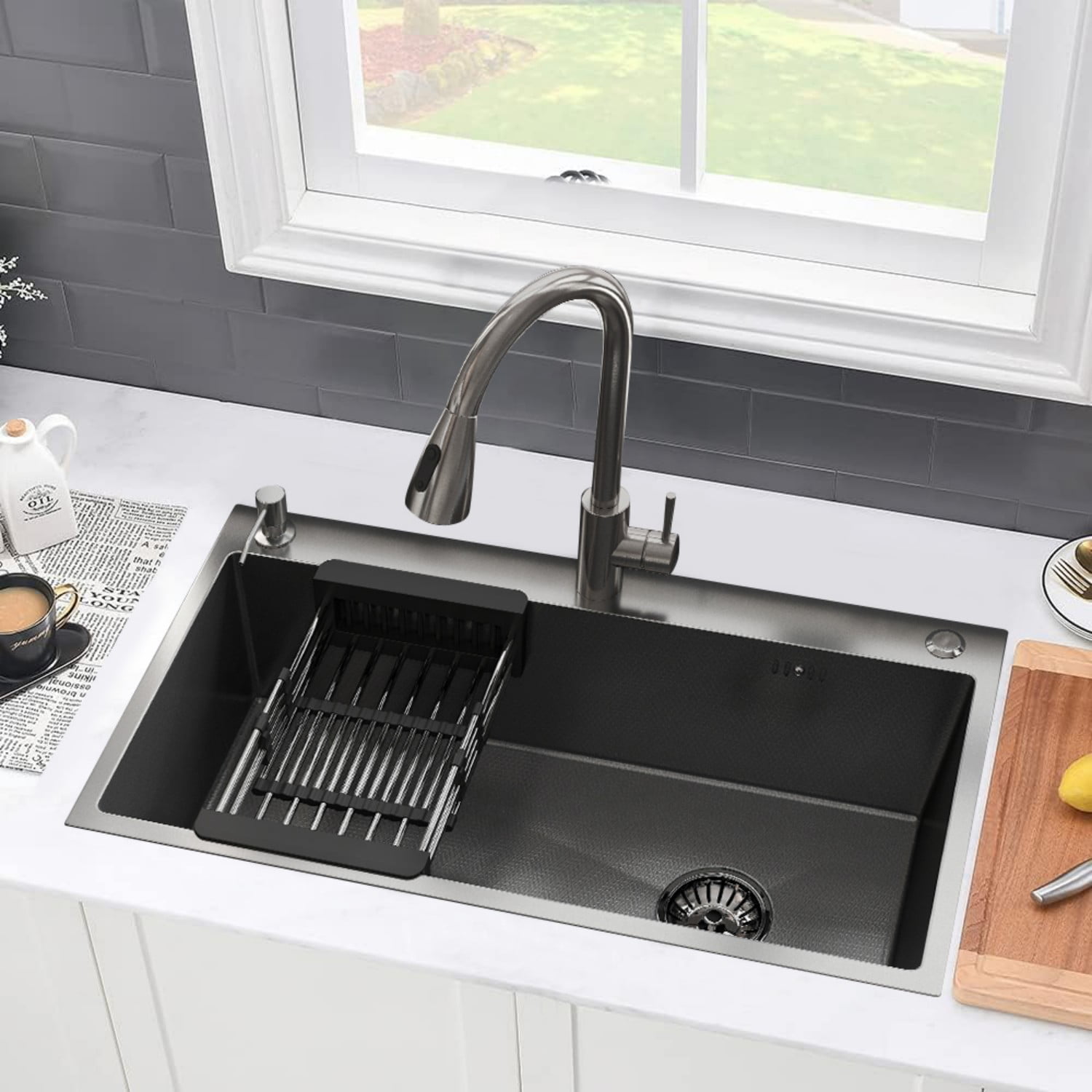 MEANDAROL 28" Drop in Kitchen Sink Stainless Steel Black Single Sink，Modern Design Durable with Multiple Accessories，Net Content: 15LB