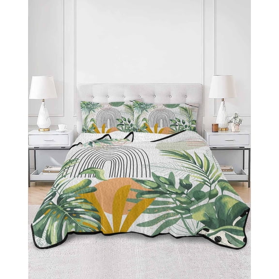 Quilts Twin XL Size, Tropical Summer Soft Comforter Bedding Set for Bed, Boho Palm Leaves Botanical Watercolor Lightweight Quilted Bedspread with Pillow Cover(2 Pieces) for All Season, 68x98 Inch