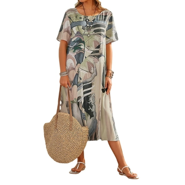 Sexy Dance Robe Longue Femme Imprimé Abstrait Maxi Robes Manches Courtes Été Plage Robe Hawaïenne Col Rond Gris 3TG