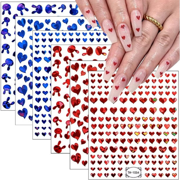 6 Sheets Heart Nail Art Stickers, Valentine's Day Nail Decals 3D Self ...
