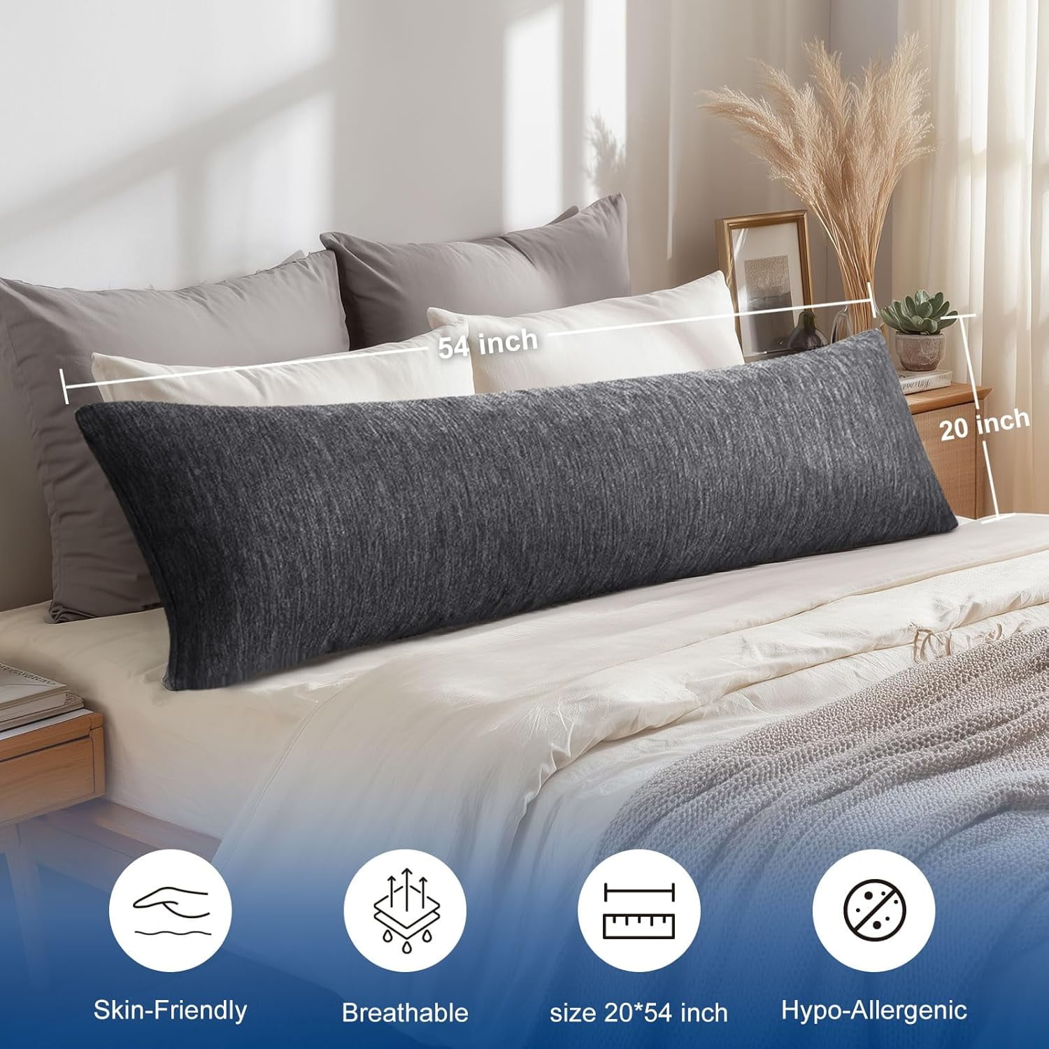 XWZO Cooling Body Pillow for Side Back and Stomach Sleepers - Shredded Memory Foam Bed Pillow with Removable & Adjustable Filling, Set of 1, 20 x 54 Inches, Grey