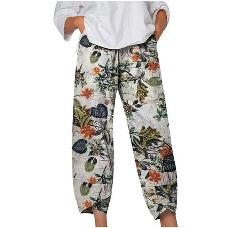 

YanHoo Women s Baggy Capris Elastic Waist Straight Leg Cropped Trouser Summer Printing Pants with Pockets