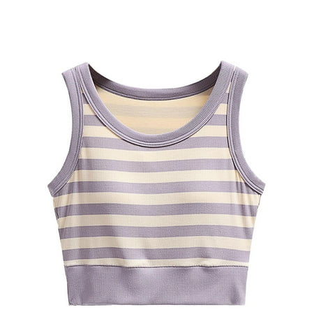 Womens Striped Tank Tops with Built in Bra Padded Sleeveless Crew Neck Cropped Tees Casual Cami Camisole 2024