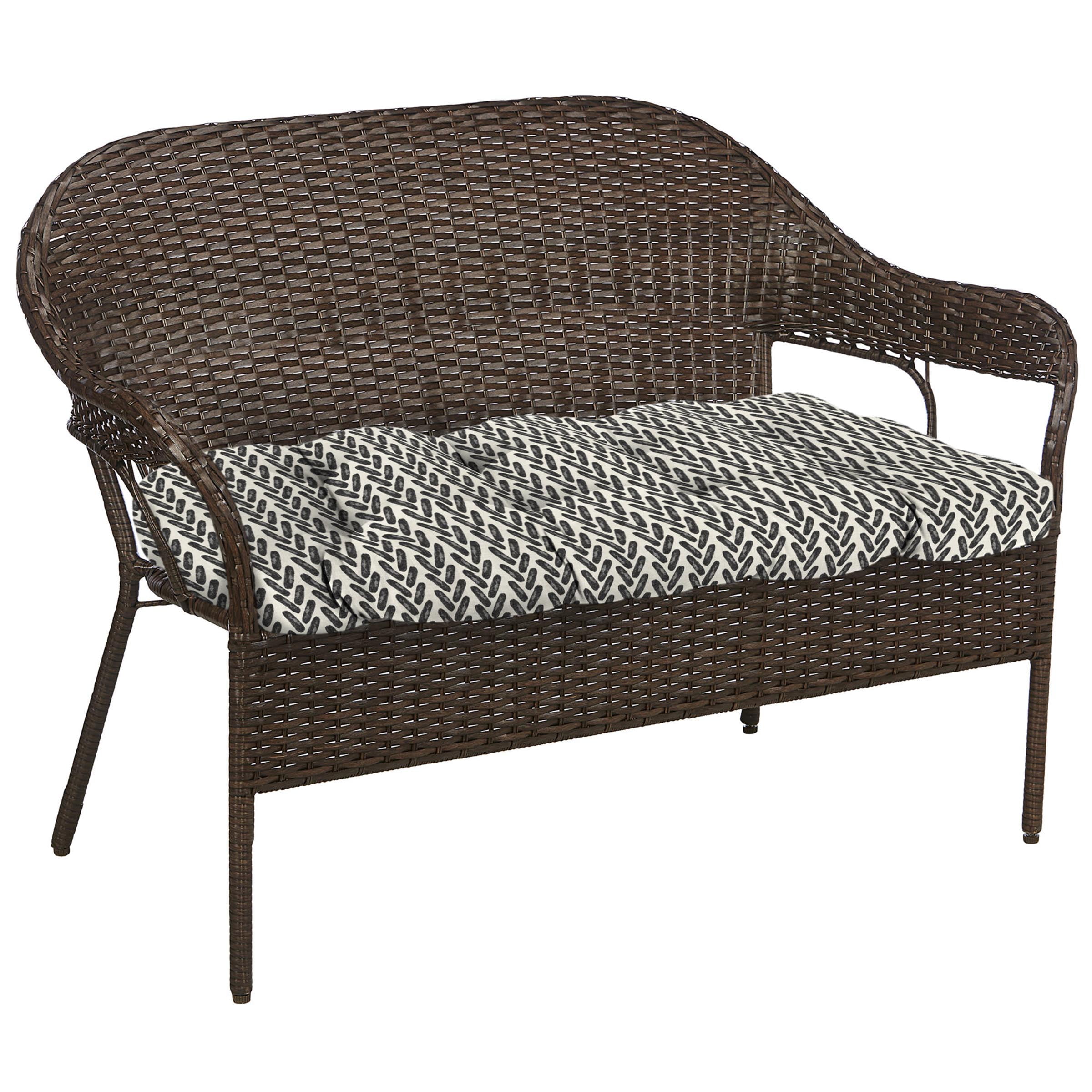 Jordan Manufacturing 44" x 18" Hatch Black Chevron Rectangular Tufted Outdoor Wicker Settee Bench Cushion with Rounded Back Corners