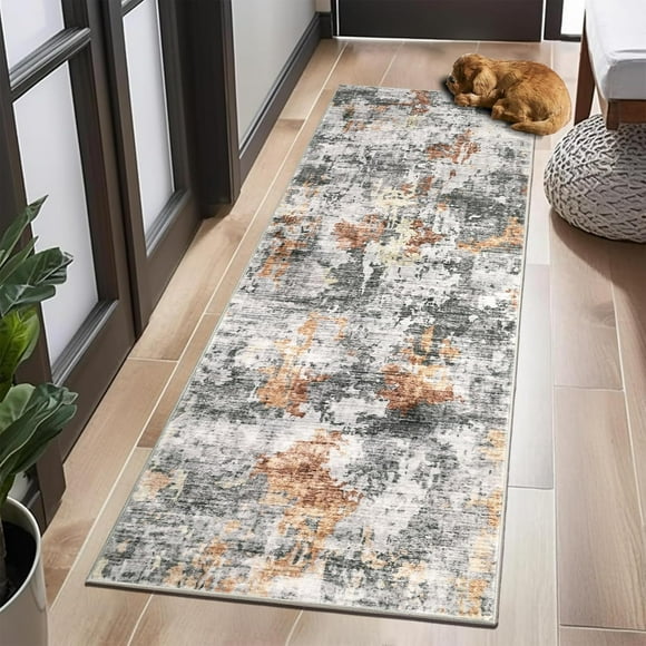 YUSAZENS 6 x 9 Colorful Modern Abstract Washable Runner Rug, Non-Slip Soft Carpet for Kitchen, Hallway, Laundry Room, Ultra-Thin Entryway Bedroom Rug Orange Grey