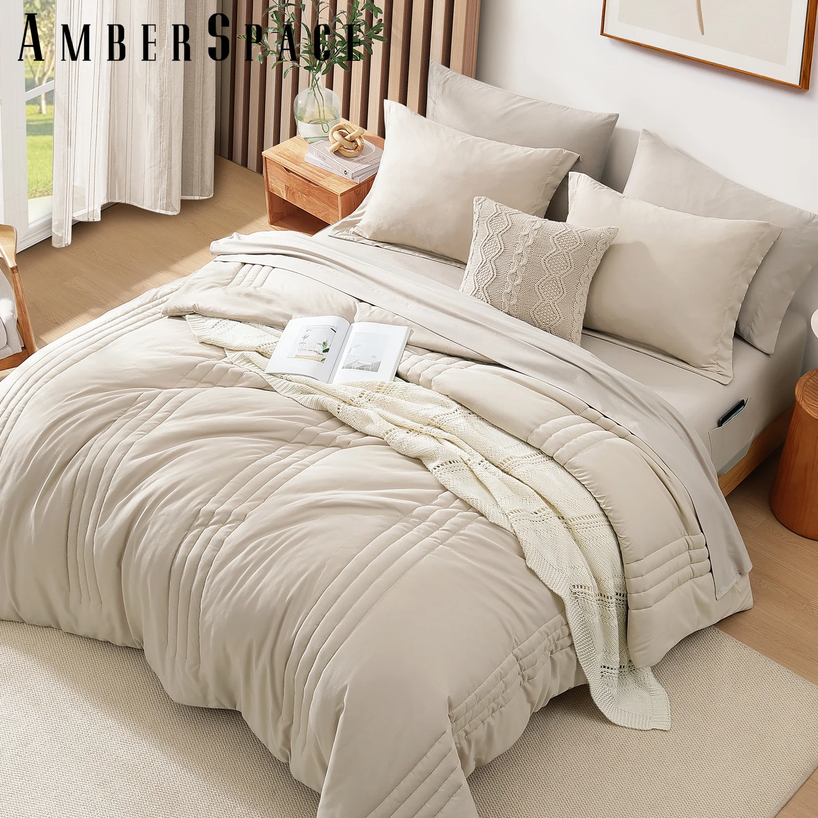 Amberspace 7-piece Bed in a Bag Comforter Set with Sheets,Beige,Queen
