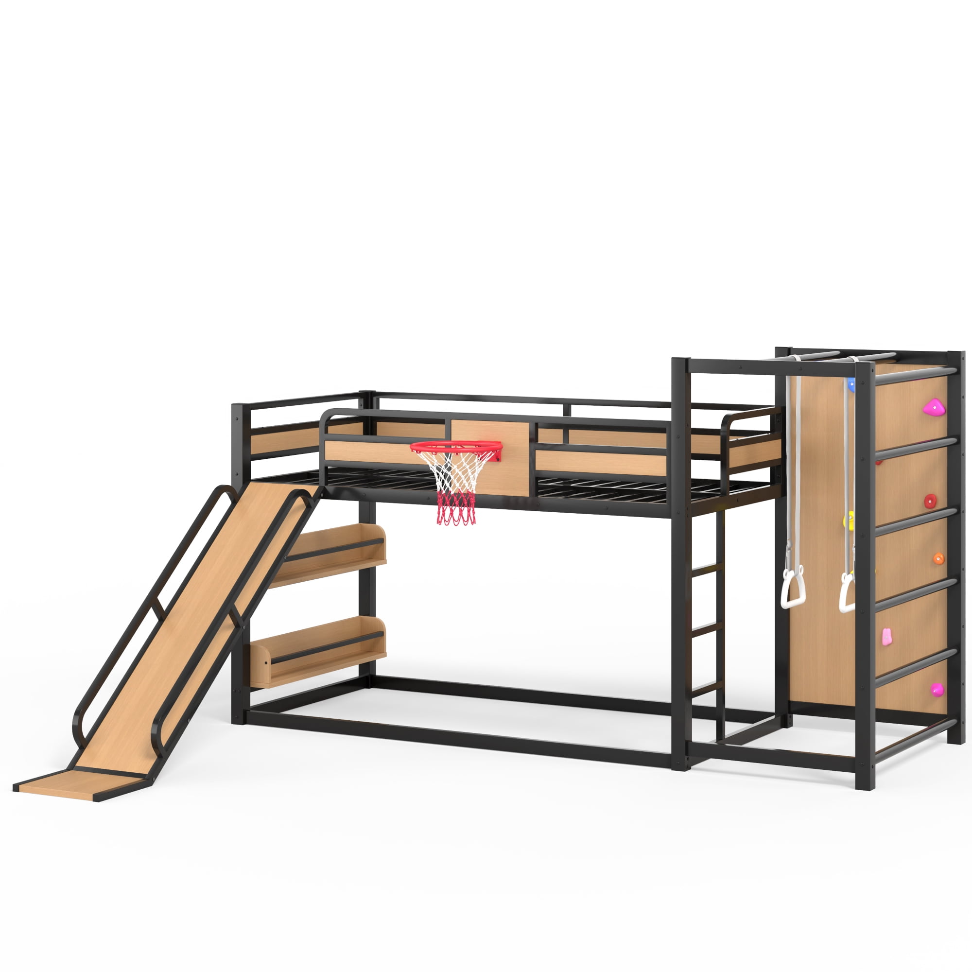 Twin XL Size Loft/Bunk Bed with Basketball Hoop, Pull-up Rings and Climbing Wall, Metal Loft Bed Frame with Slide and Bookshelves, Heavy Duty Bunk Beds with Guardrail