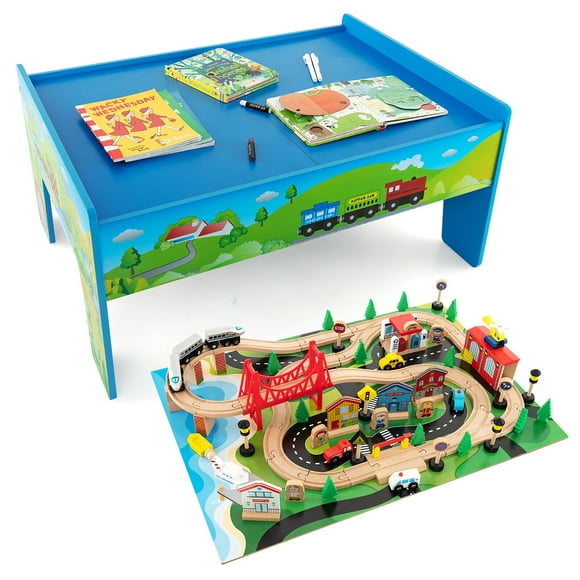 Gymax 80PCS Kids Wooden Train Activity Playset w/ Solid Wood Tracks Detachable