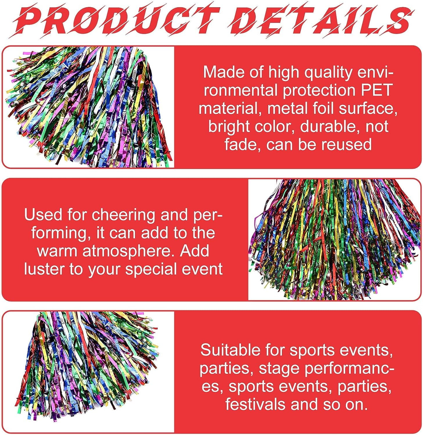 LINLIN Pack of 16 cheerleader pompoms, cheerleading pom poms with handles, hand flowers metal foil cheers ball, cheer poms, cheerleading pompoms for sports events, ball games, dances, carnival parties