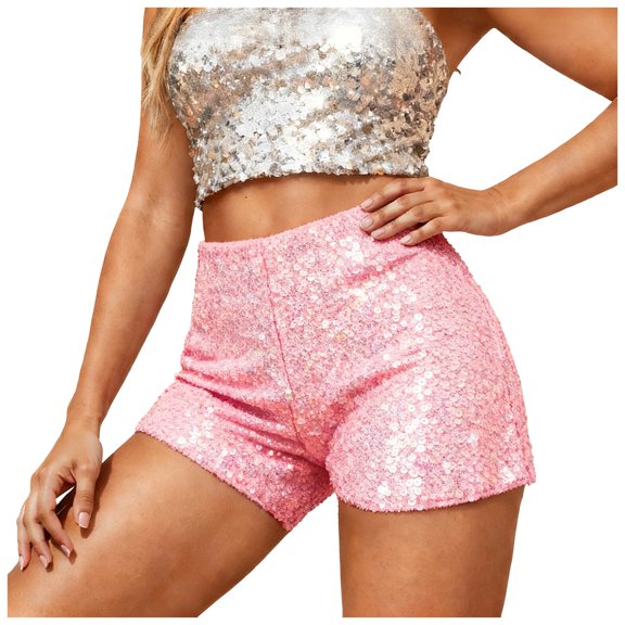 vigerkar Sequin Shorts for Women High Waist Party Night Out Concert Outfit Sparkly Mini Shorts (Pink, M)