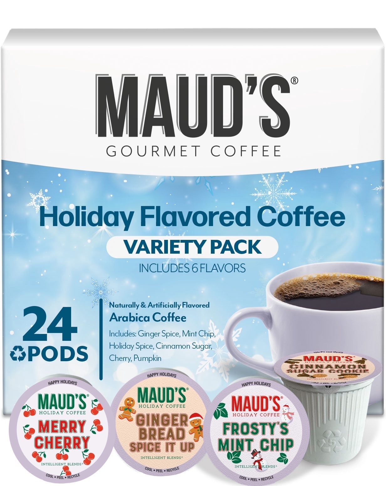 Maud's Holiday Blend Coffee Pods Variety Pack, 24 ct, 6 Assorted Flavors, Medium Roast Coffee in Single Serve Pods – 100% Arabica Beans, Compatible with Keurig K Cups Maker