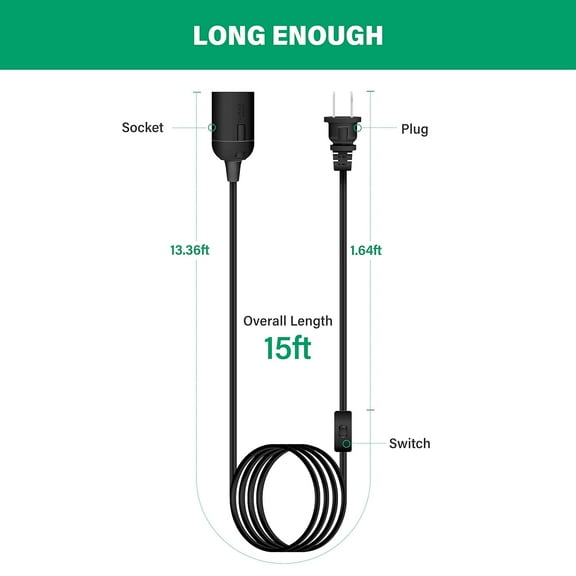 GHRTGR-15ft Extension Hanging Lantern Pendant Light Cord Cable with E26 Socket, On/Off Switch, 1 Pack, Black (Bulb Not Included)