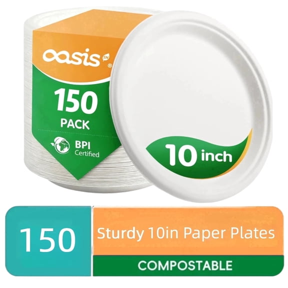 10in Paper Plates,OasisSN 150 Pack Disposable Heavy Duty Paper Plates,Biodegradable Bagasse Compostable Round Plates,Eco-Friendly Disposable Dinner Plate for BBQ,Picnic,Party,Big Game