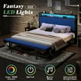 thumbnail image 4 of AMERLIFE King Bed Frame with Foldable Ottoman, Velvet Upholstered Headboard with LED Lights, Charging Station and Storage Shelves, No Box Springing Needed, Noisy Free, Navy Blue, 4 of 16