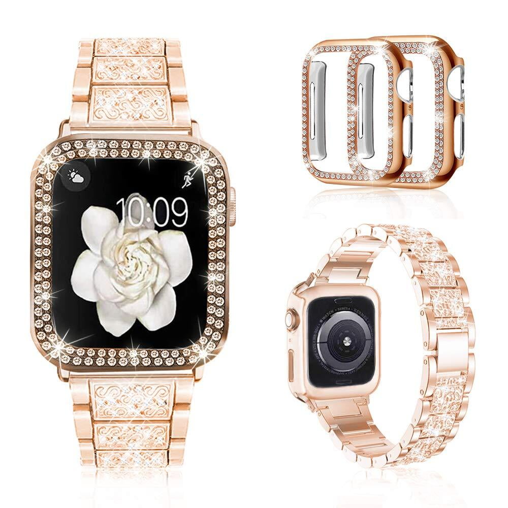 Antank Compatible with Apple Watch Band 44mm with Case Women, Jewelry Replacement Metal Wristband Strap with 2 Pack Bling PC Protective Cover for iWatch Series 4 5 6 SESE