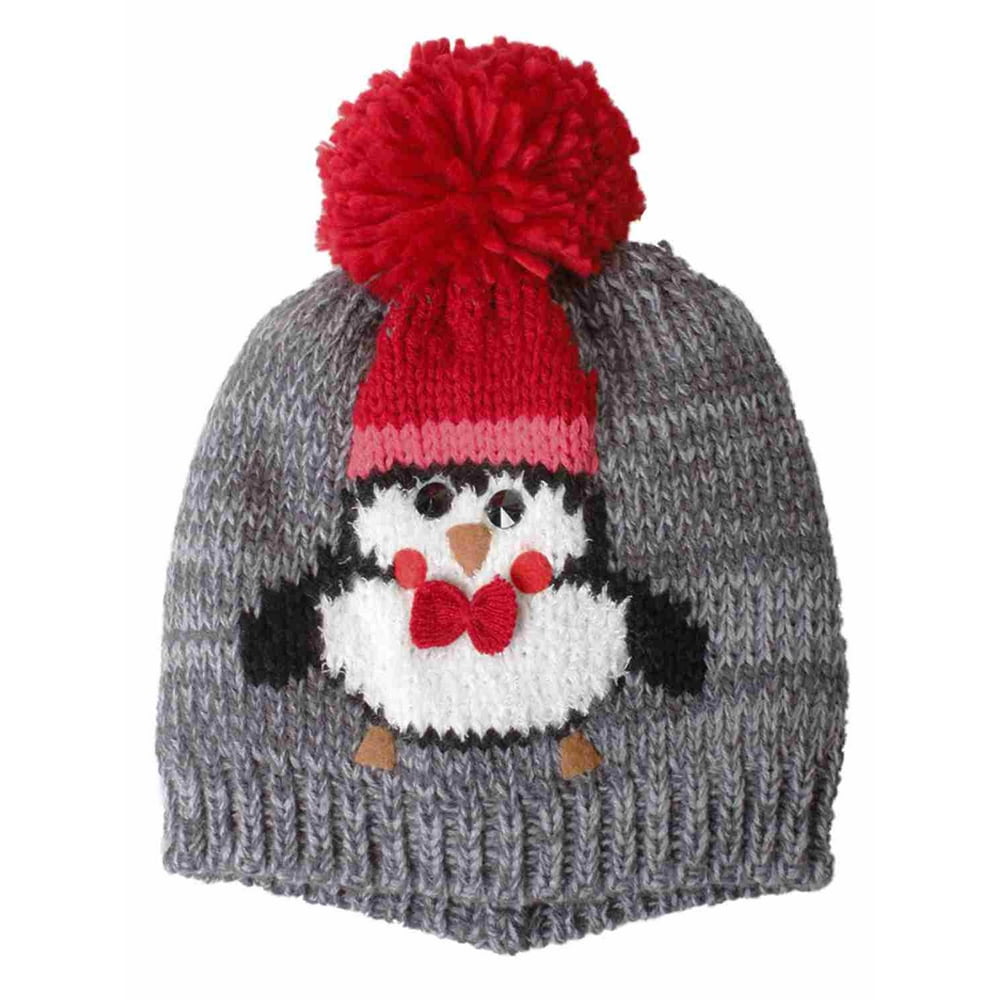 D&Y - David & Young Womens Gray & Red Pom Penguin Holiday Beanie Hat