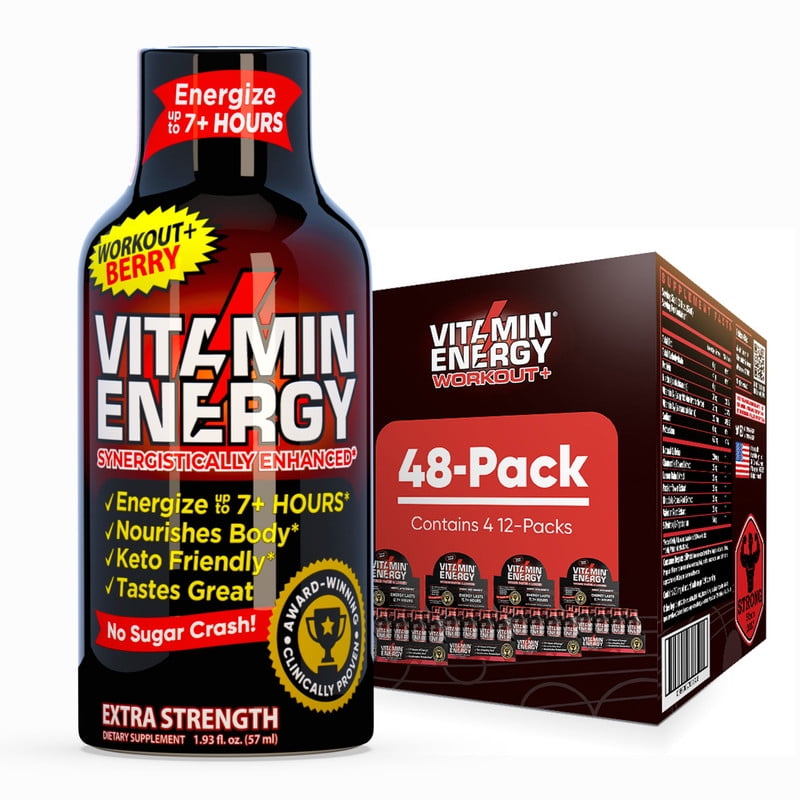 Vitamin Energy Pre-Workout Extra Strength Shot, Berry, 48 Pack – 260mg Natural Green Tea Caffeine, Keto-Friendly Endurance Blend, Zero Sugar, 1.93 fl oz