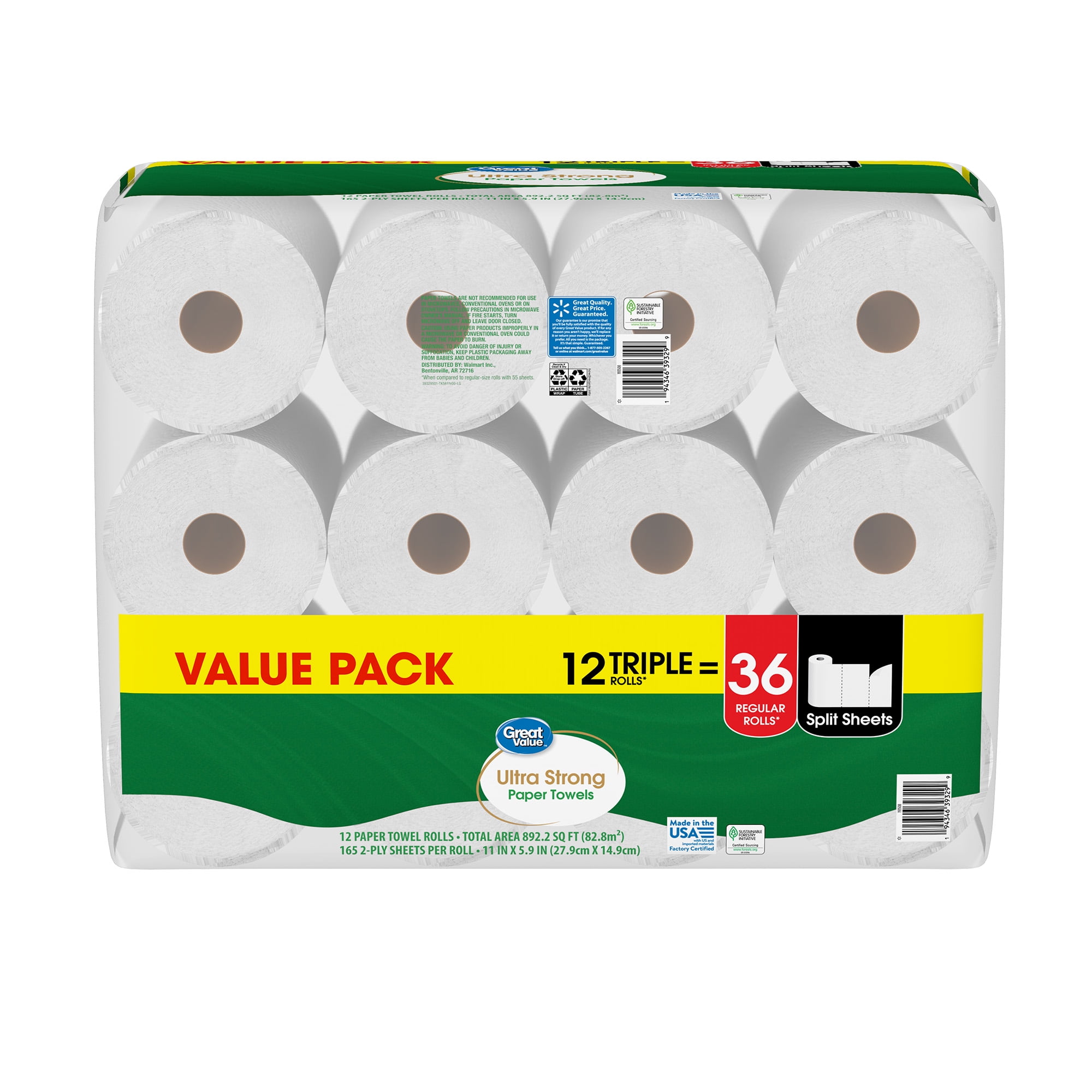 Great Value Ultra Strong Paper Towels, 12 Triple Rolls
