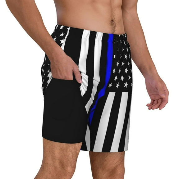 Men's 2 in 1 Swim Trunks with Compression Liner Thin Blue Line America Flag Quick Dry Beach Shorts