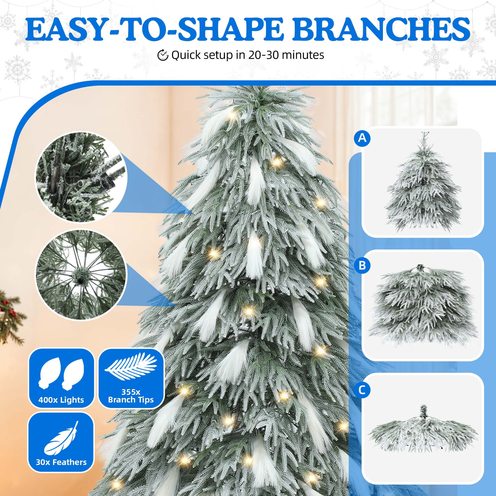 Dextrus 6ft Pre-Lit Flocked Natural Drooping Pampas Christmas Tree with 30 Feathers,Holiday Decoration Christmas Tree with 355 Branch Tips and 400 Lights, for Home, Office, and Party Decor