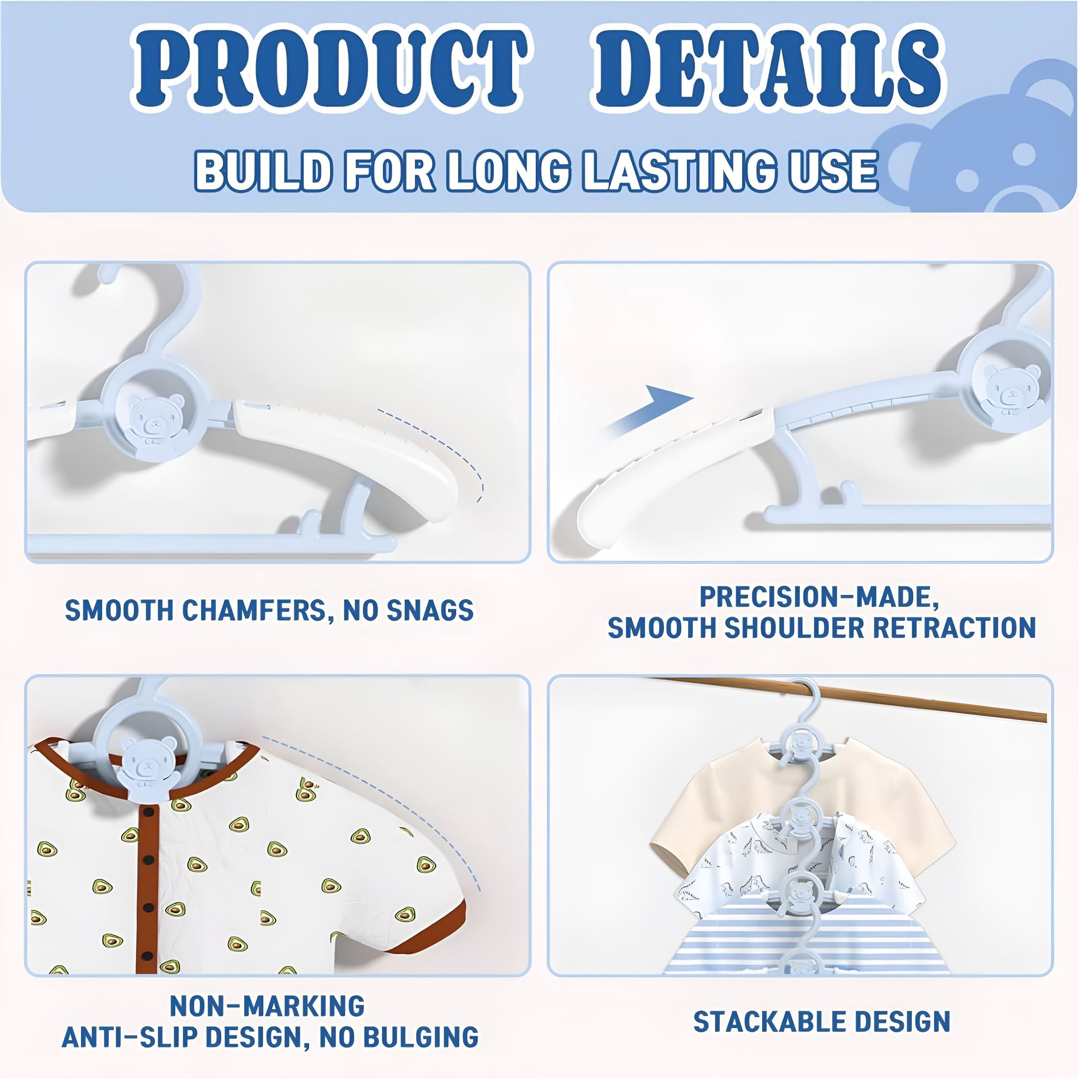 XIBUFE Kids Hangers Adjustable Plastic Baby Boy Hangers 20 Pack,Toddler Bear Hanger for Children'S Clothes Sweaters,Infant Hangar for Closet with Non-Slip Shoulder Grooves&Pants Bar,Blue