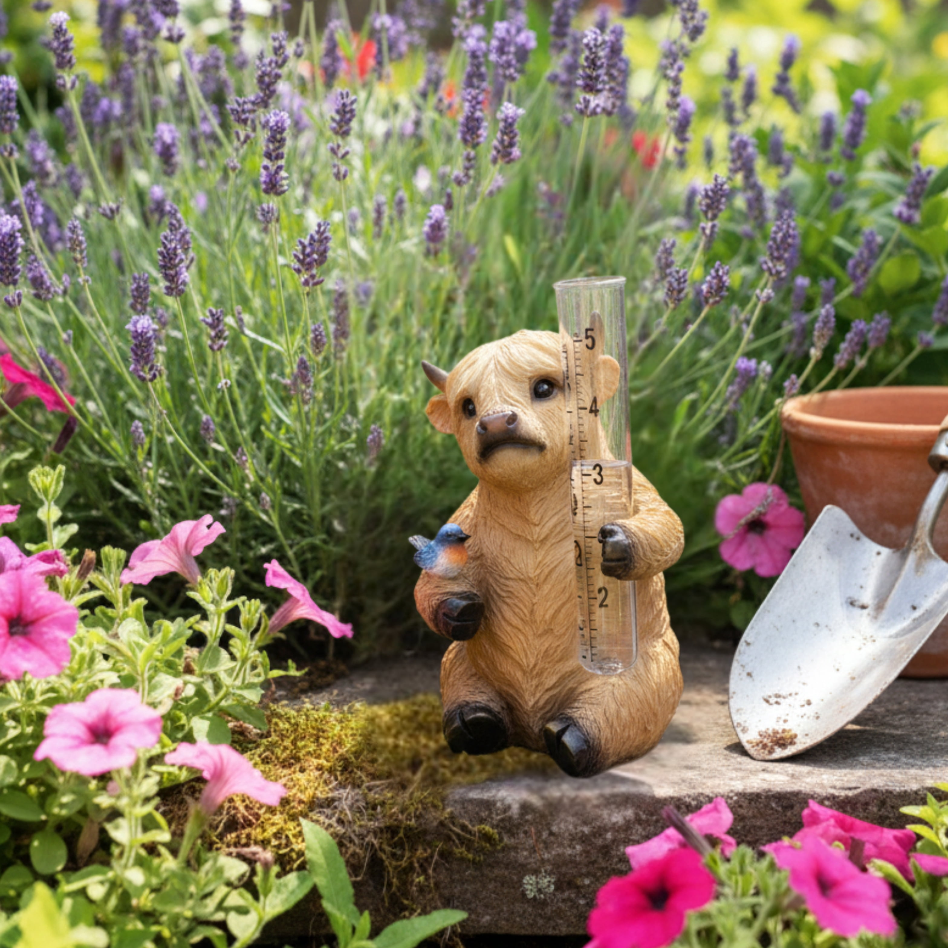 Highland Cow Rain Gauge – Outdoor Resin Garden Decor, Rustic Farmhouse Yard Statue