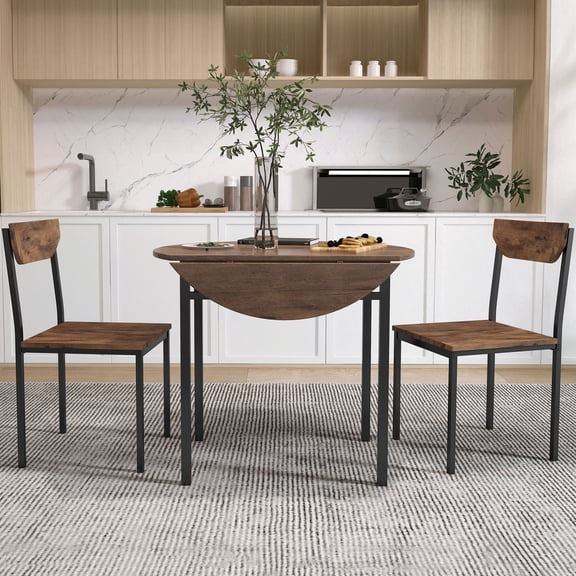 Euroco 3-Piece Round Dining Table Set for 2, Modern Extendable Kitchen Table Set with Drop Leaf,Metal Legs and 2 Chairs for Small Places,Brown
