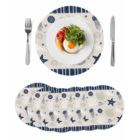 Navy Blue Coastal Round 15 Inch Placemats Set of 6 Ocean Nautical Starfish Coral Striped HeatResistant Non Slip Place Mats for Dining Table Wipeable Braided Kitchen Table Mats for Housewarming