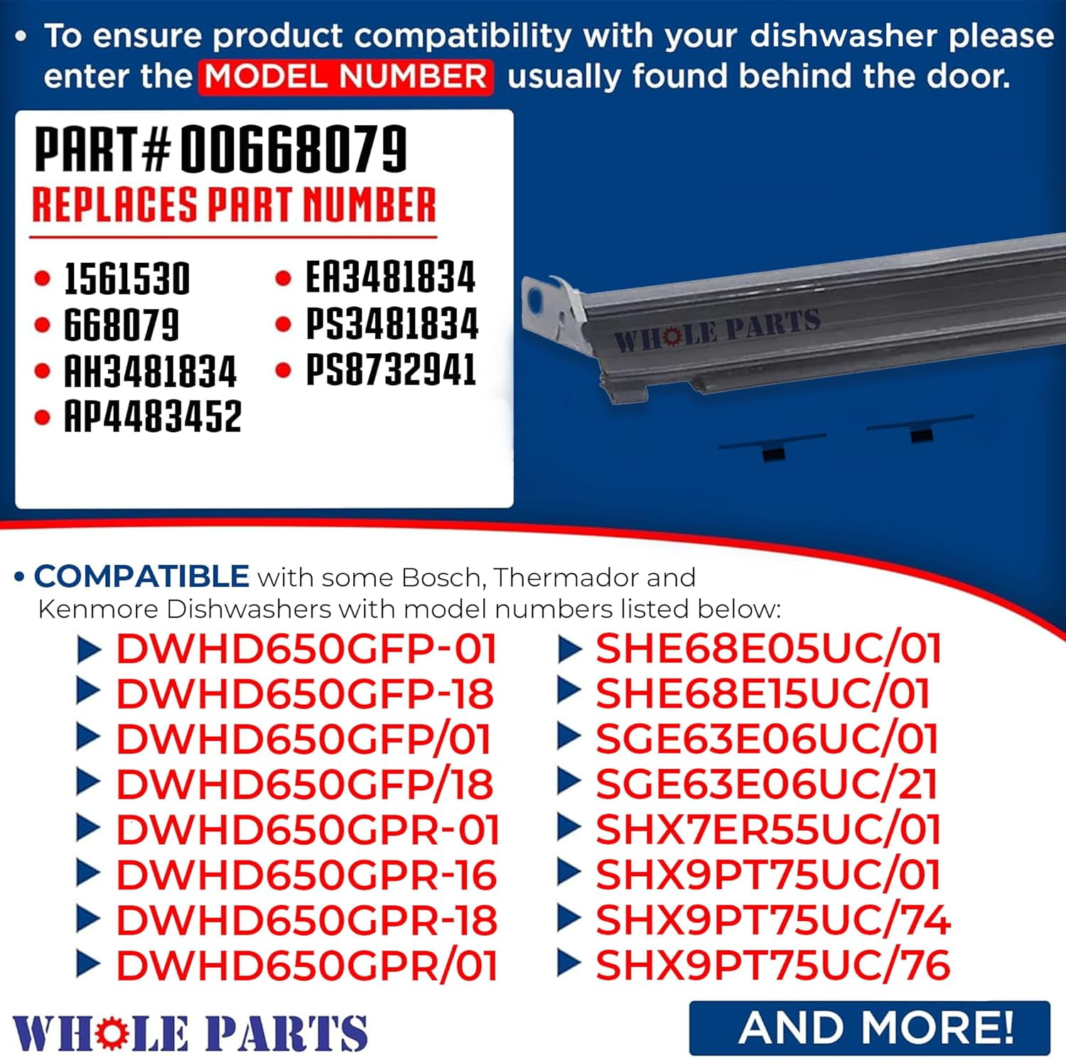 Whole Parts Dishwasher Door Seal Gasket Part# 00668079 - Replacement & Compatible with Some Bosch, Thermador and Kenmore Dishwashers