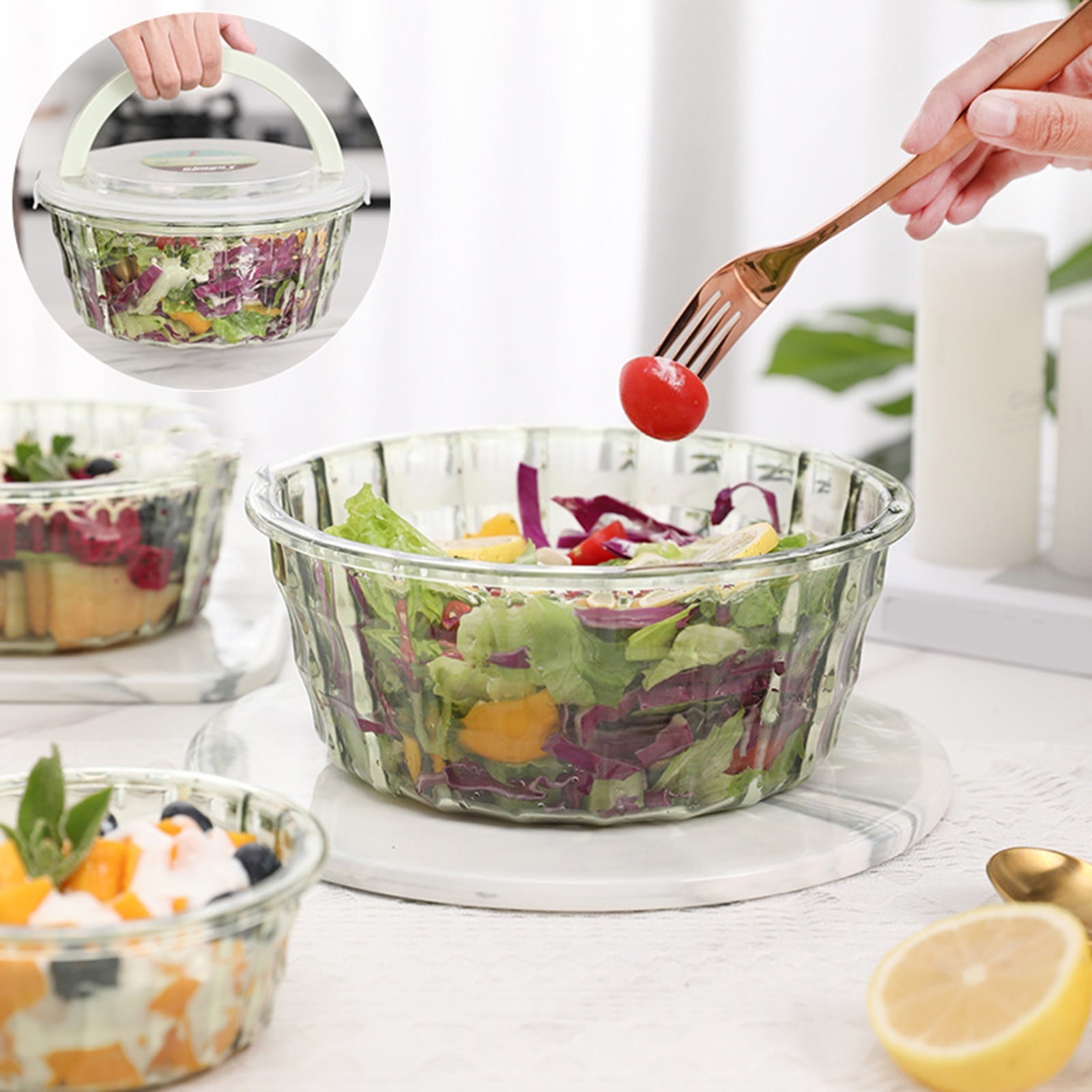 Food Storage 3 Fruit Containers with Tureen Bowl Clear Sealed Cereal Oatmeal Storage Solution for Fresh Produce