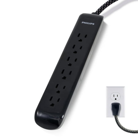 Philips 6-Outlet Surge Protector, 1080J, 10ft Braided Cord, Grounded, Black